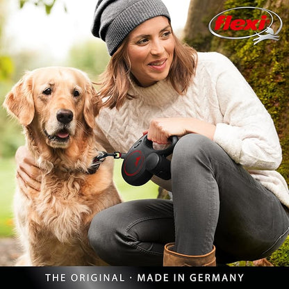 FLEXI New Classic Tape Retractable Dog Leash for Medium Dogs Upto 30-55 lbs. – 16 ft., Black Red |Tangle Free Pet Walking Leash with One-Handed Brake, Pause, Lock |German Quality Product