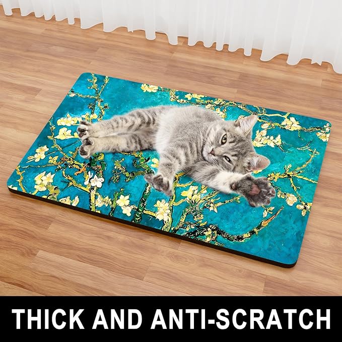 Dog Food Mat, 12" x 19" Flower Absorbent Dog Cat Bowl Mat for Food and Water, Cute Anti-Slip Rubber Pet Feeding Rug Protect Floors, Placemat for Feeding & Watering Supplies, Green