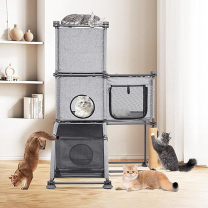 Large Cat Hamock Bed with Scratching Post – Multi-Level Cat Tree with House Condos & Ladder for Indoor/Outdoor Use+Grey/Three-Tier