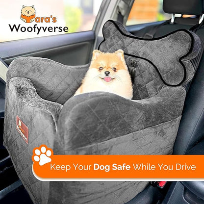 Yara’s Woofyverse Dog Seat for Car – Booster Seat for Small & Medium Dogs with Adjustable Cushions, Fur-Lined Headrest & 6-Pocket Storage – Portable Pet Car Seat for Front/Back Travel – Stone Shadow