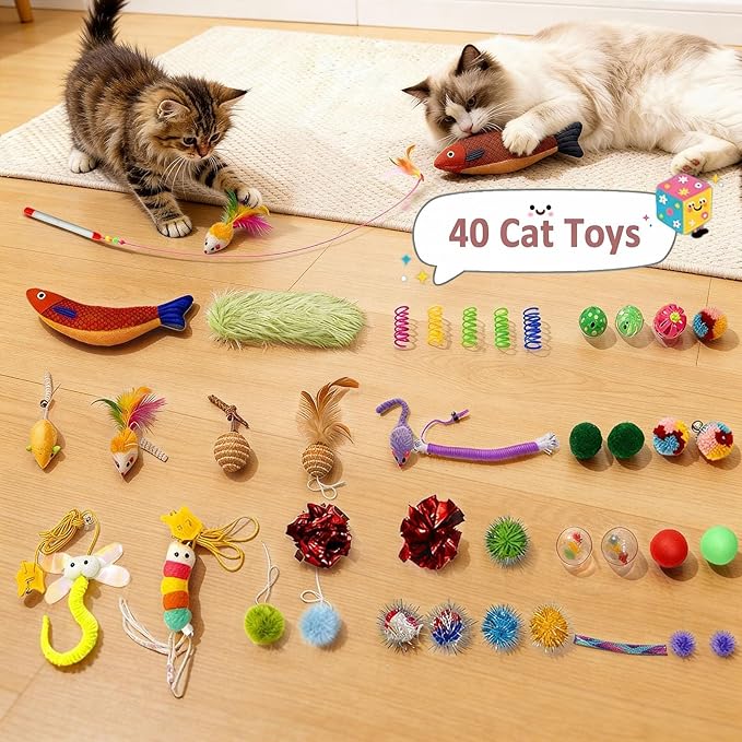 41 Pcs Interactive Cat Toys for Indoor Cats, Kitten Toys with Soft Pillow, Catnip Toys, Chew Rope, Feather Wand, Springs and Balls for Indoor Kittens