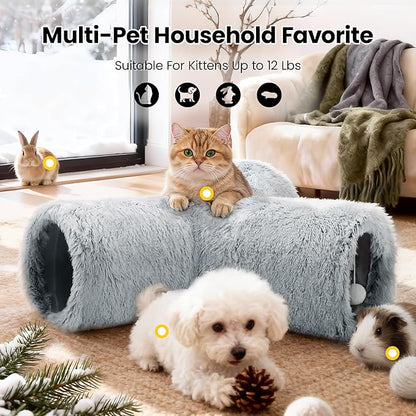 Tempcore Plush Cat Tunnel for Indoor Cats，Collapsible 3-Way Pet Tunnel Toy with Peek Holes for Cats, Kittens, Rabbits, Light Grey