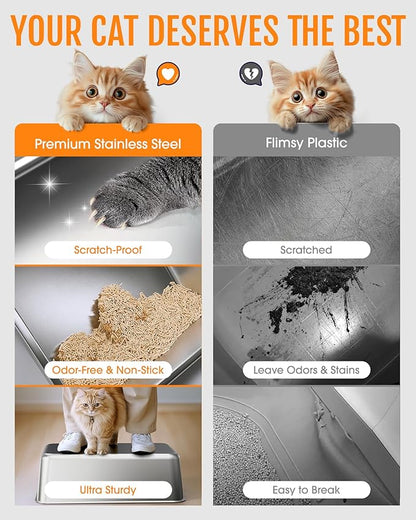 Stainless Steel Cat Litter Box, Metal Litter Box with Scoop, High- Sided, Anti-Leakage Top Entry, Non-Sticky, Easy to Clean, 8-Inch Splash-Proof Deep Pan, Grey, XXL (1 Pack)