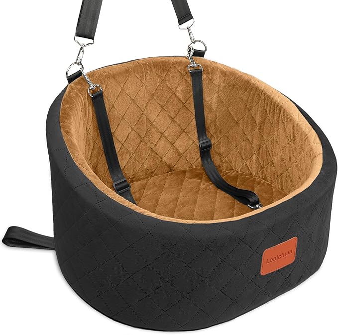Lealchum Dog Car Seat for Small Dogs Up to 30 Lbs,Ultra Soft Fabric Fill in Comfy Memory Foam,Happy Pet Ride,2 Safety Dog Leashes,Fully Detachable and Washable,Anti Slip Base(Black/Coffee)