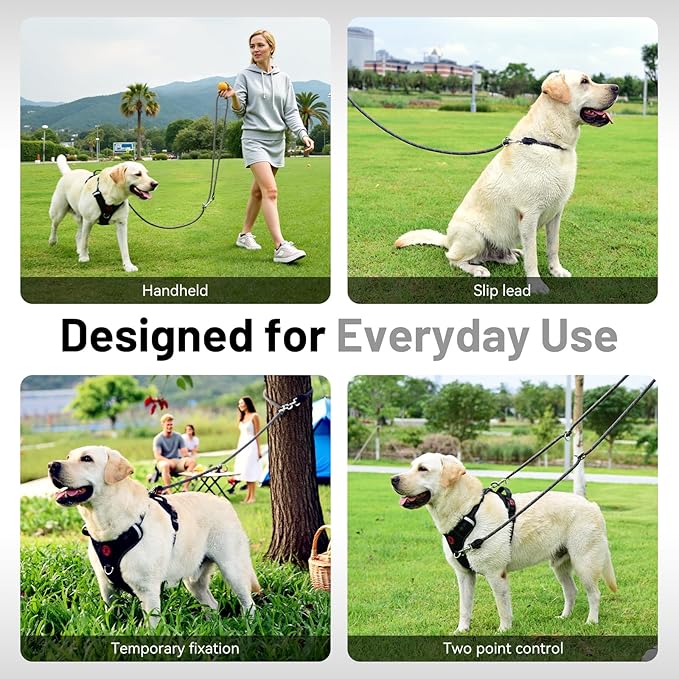 Hands-Free Dog Leash, 6.5ft Heavy Duty Reflective Nylon Leash with Dual Metal Hooks, Adjustable Crossbody & Waist Use for Walking, Jogging and Heel Training (Grey)