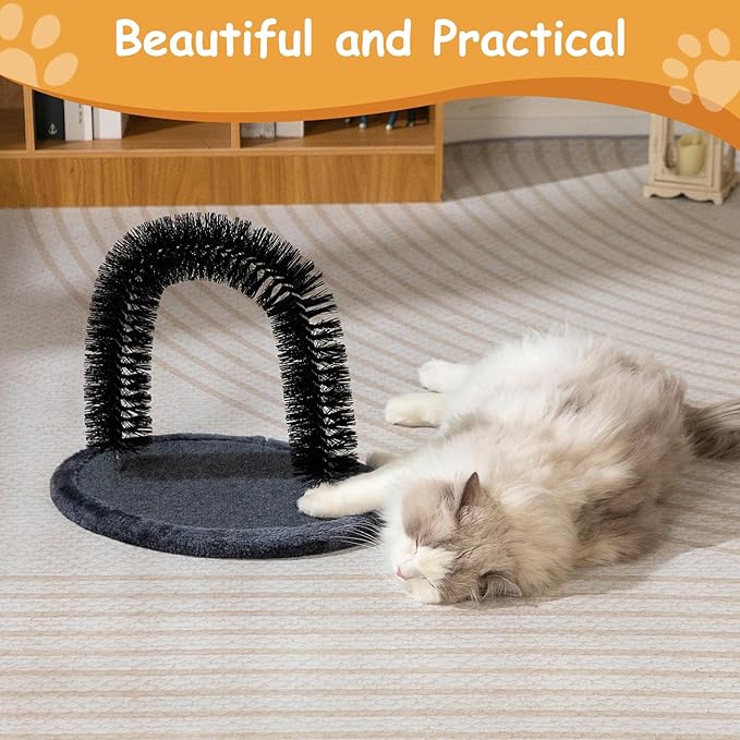 Hollypet Self Grooming Massager and Scratcher Toy - Cat Arch Brush for Back Grooming, Hair Cleaner Pads, Dark Gray