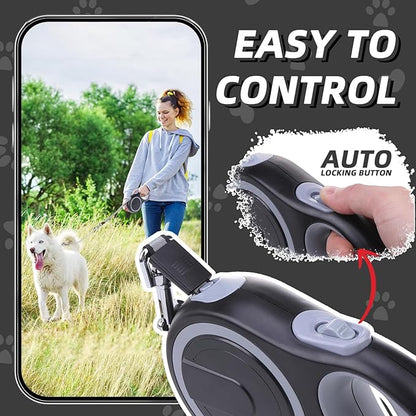 PupTeck Retractable Dog Leash with Chew Proof Chain, 360 Tangle-Free Pet Walking Leash, Heavy Duty up to 110lbs, 16ft Strong Nylon, One-Hand Brake Black