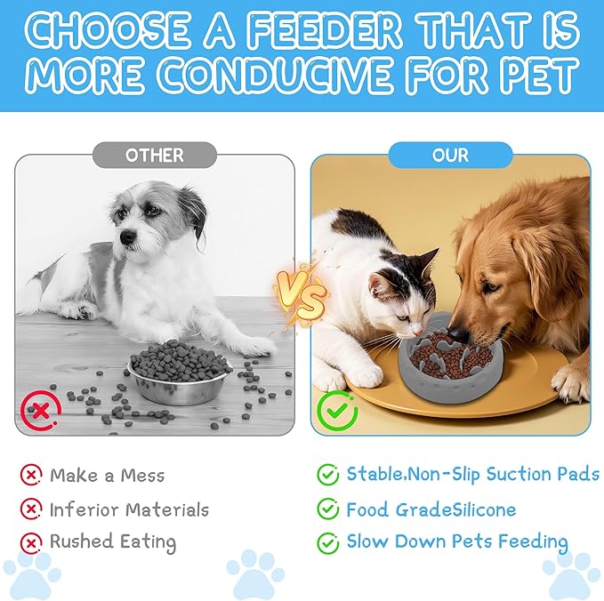 Slow Feeder Dog Bowls, Silicone Large Dog Plates for Food with Non-Slip, Cats Eating Dogs Bowl with Spiral Maze Design, Dogs Food Slow Feeder Bowl Dishes for Indoor and Outdoor (Grey)
