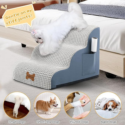 POCBLUE Dog Stairs for Small Dogs 15.7" H, Wide Pet Step for Couch/Sofas/Chairs, Curved Pet Ramps for Small Dogs & Cats with High-Density Foam and Washable Cover, 3-Step, Grey