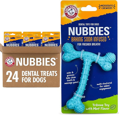Arm & Hammer Nubbies T-Bone Dental Dog Chew Toy with Peanut Butter Flavor, Textured Chew Toy Designed to Help Clean Teeth and Support Oral Care for Dogs Up to 35 lbs - 24 Pack