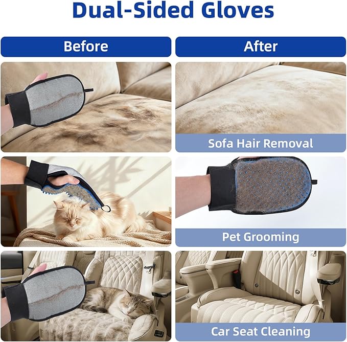 2 in 1 Pet Hair Removal Glove for Dog & Cat, Silicone Pet Grooming Gloves, Reusable Magic Pet Hair Brush, Electrostatic Pet Hair Remover Tool for Sofa, Carpets, Furniture, Car Seats, Clothing