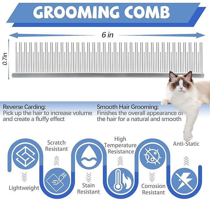 Professional 6 In Dual Tooth Pet Grooming Comb for Short-Haired Cats and Dogs, Metal Dematting Tool for Tangles, Knots, Undercoat and Excess Hair, Rounded Corners for Safe Deshedding and Detangling