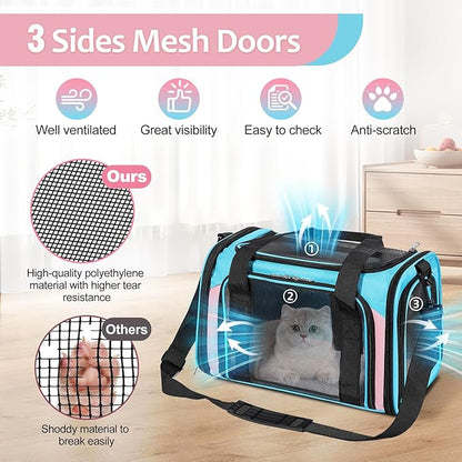 Discala Cat Dog Carrier Up to 15 Lbs TSA Airline Approved Pet Carrier for Small Medium Cats Puppies Dog Carriers for Small Dogs Collapsible Soft Sided Cat Travel Carrier - Blue&Pink 17"x11"x11"