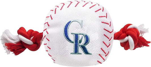 MLB COLORADO ROCKIES Baseball Rope Toy for DOGS & CATS. Tough nylon, Sporty Baseball Design, Heavy-duty ropes with Inner SQUEAKER
