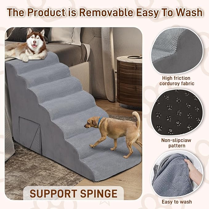 7-Step Dog Stairs for Bed 30-36" H, Dog Steps for High Bed, Pet Steps for Small, Older Pets, Non-Slip Balanced Pet Ramp Indoor, Grey