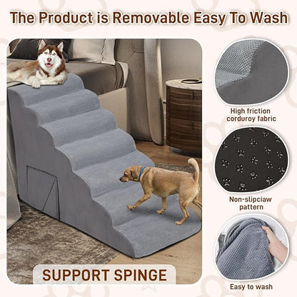 7-Step Dog Stairs for Bed 30-36" H, Dog Steps for High Bed, Pet Steps for Small, Older Pets, Non-Slip Balanced Pet Ramp Indoor, Grey