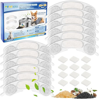 Dog Water Bowl Filter Replacement Compatible with Smartoo 236oz/7L Stainless Steel Dog Water Fountain, Multilayer Filtration System Dog Water Bowl Filter Replacement, 12 Filters + 12 Sponge