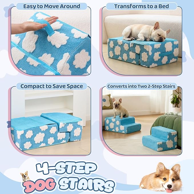 Jetec Dog Stairs for Bed 18" H 4-Step Bottom Foldable Non Slip Foam Dog Pet Stairs 2 in 1 Jacquard Shaggy Plush for High Bed Couch and Sofa Chairs Small Medium Dogs Cats