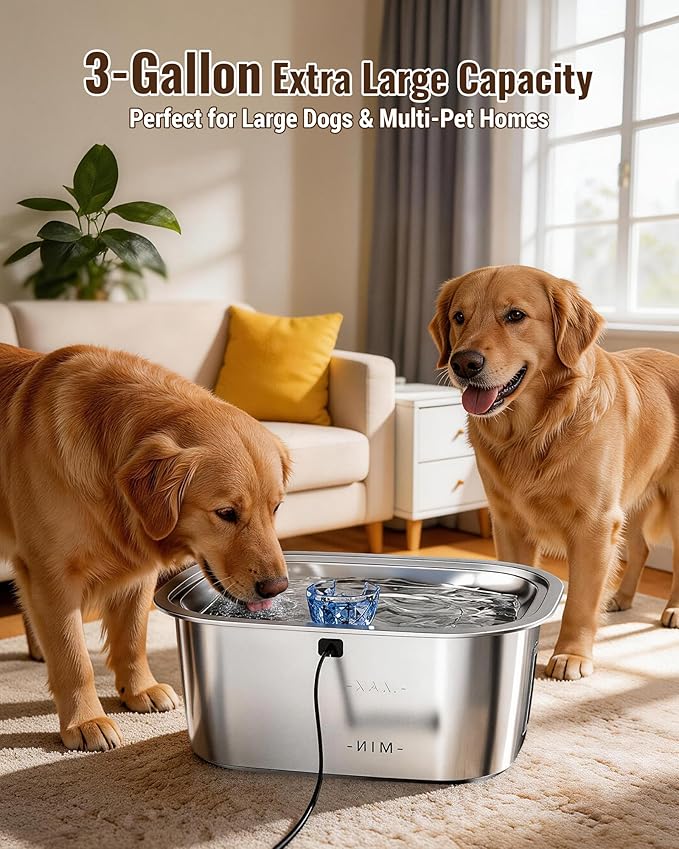 PETNF 3-Gallon Stainless Steel Dog Water Fountain for Large Dogs, Dog Water Bowl Dispenser with 4 Filters, Visible Water Window, Quiet Pump & LED Low-Water Indicator