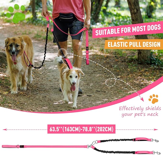 LED Double Dog Leash, 360° Swivel Dual Dog Walking Leash, Comfortable Shock Absorbing Lead for Dog, Reflective Removable Bungee for Two Dogs