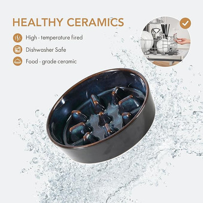 Ceramic 1.2 Cup Raised Slow Feeder Dog Bowl Set, Elevated 6.1inch Bowl and 7.3inch Slow Feeder Dish with Acacia Wood Stand for Small and Medium Dogs (2 x Starry Sky+ Stand)