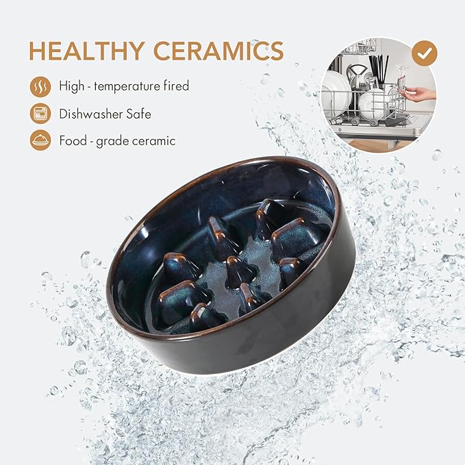 Ceramic 0.9 Cup Dog Bowl Slow Feeder, 6.1inch Slow Dog Food Bowl for Small Dog and Cat, Stop Bloat, Preventing Choking(Single Bowl, Starry Sky)