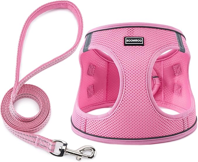 BOOMIBOO Dog Harness with Leash Set, No Pull Adjustable Reflective Step-in Puppy Pet Vest Harnesses for Small Medium Large Dogs and Cats,Pink XS
