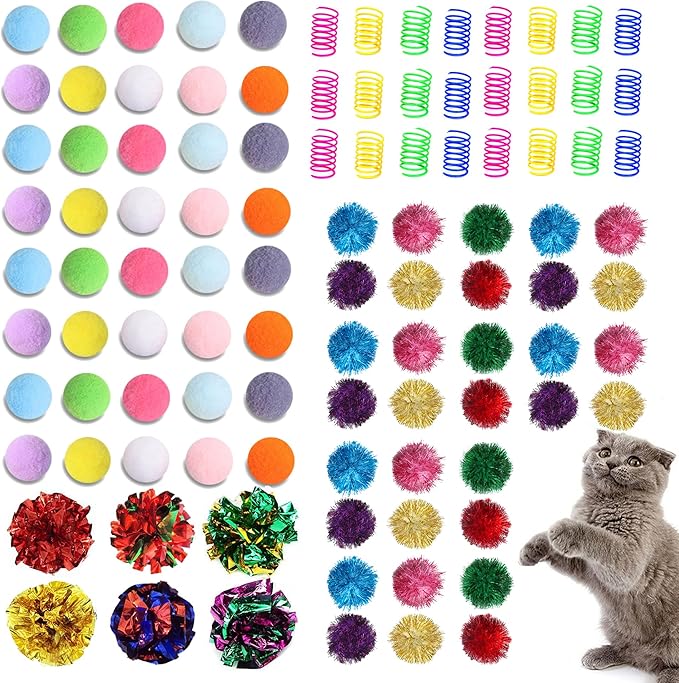 Cat Toys Assortment - Interactive Kitten Toy Bundle with Sparkle Pom Pom Balls, Crinkle Balls & Spring Toys for Indoor Cats(100-Pack)