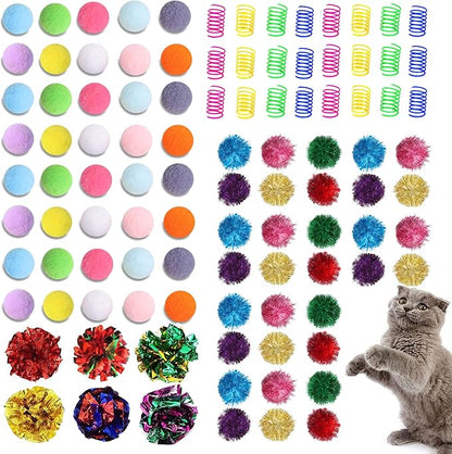 Cat Toys Assortment - Interactive Kitten Toy Bundle with Sparkle Pom Pom Balls, Crinkle Balls & Spring Toys for Indoor Cats(100-Pack)