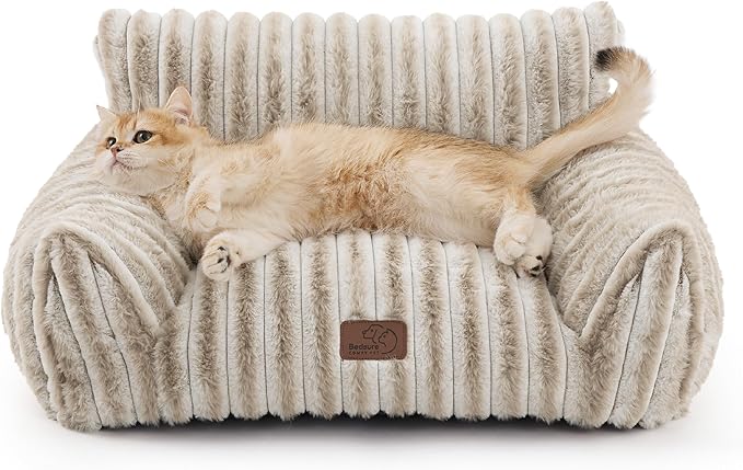 Bedsure ComfyFleece Cute Cat Couch for Pets - Fluffy Cat beds with Premium Soft Corduroy Fleece, Fuzzy Cats beds for Indoor Cats with Removable Washable Cover, Supportive Pet Sofa, 24inch, Amphora