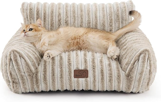 Bedsure ComfyFleece Cute Cat Couch for Pets - Fluffy Cat beds with Premium Soft Corduroy Fleece, Fuzzy Cats beds for Indoor Cats with Removable Washable Cover, Supportive Pet Sofa, 24inch, Amphora