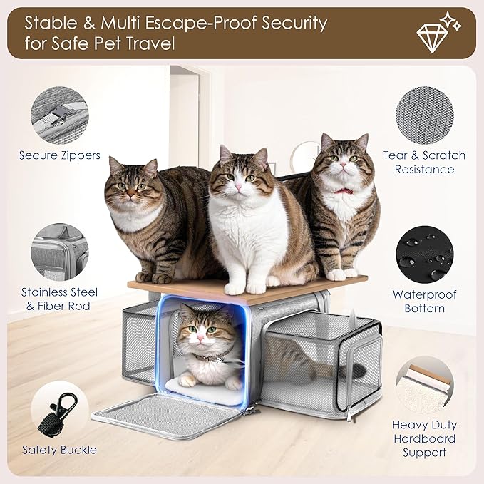 Top and 2 Sides Expandable Cat Carrier 18x11x11, TSA Airline Approved Dog Carriers for Small Dogs,Soft-Sided Pet Carrier with Self-Locking Zippers for Kitten,Rabbit, Puppy, Grey