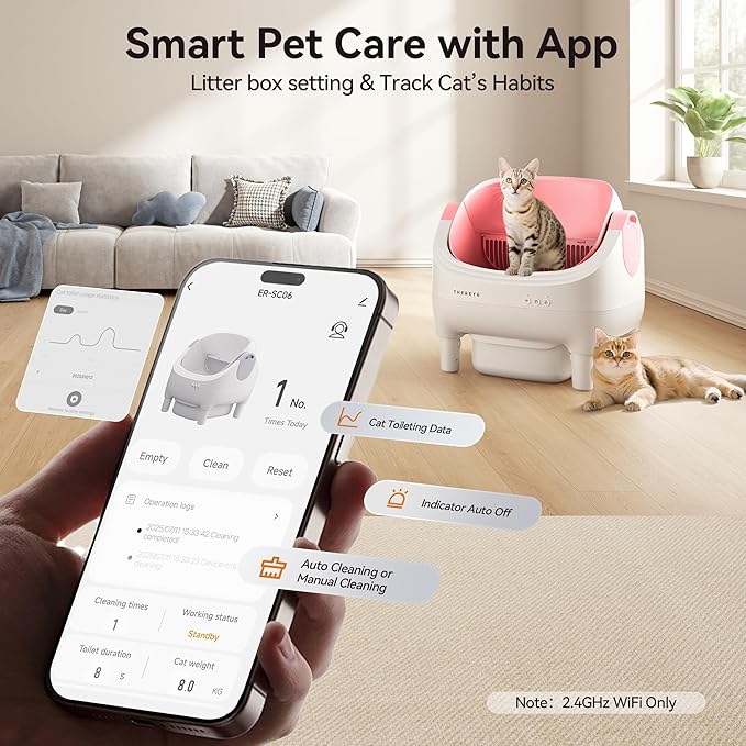 Thereye Self Cleaning Litter Box, Open-Top Automatic Litter Box with Smart App and Safety Sensors, Large Auto Litter Box for Multiple Cats, 10L Waste Bin with Odor Control, Includes Trash Bag, Pink