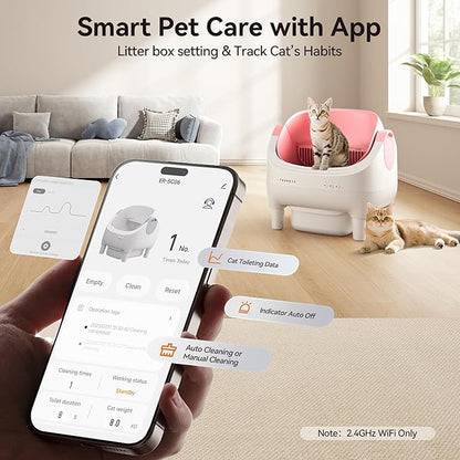 Thereye Self Cleaning Litter Box, Open-Top Automatic Litter Box with Smart App and Safety Sensors, Large Auto Litter Box for Multiple Cats, 10L Waste Bin with Odor Control, Includes Trash Bag, Pink
