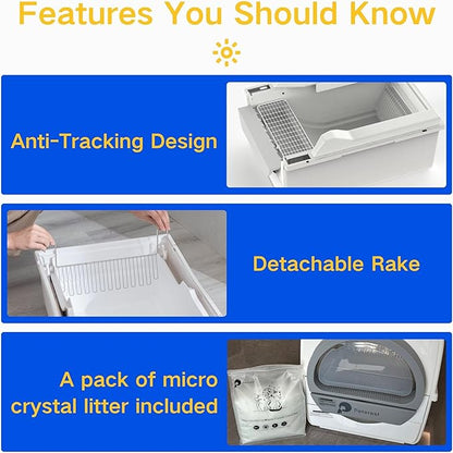 Semi-Automatic Self Cleaning Cat Litter Box for Large Cats, Pull-Push Easy Clean Litter Box with Lid, Dog Proof, Extra Large, White (Micro Crystal Litter Included)