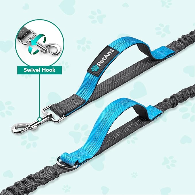 PetAmi Hands-Free Dog Leash for Walking, Running & Hiking, Heavy Duty Bungee Waist Leash with Dual Padded Handles, Adjustable Reflective Belt for Small, Medium & Large Dogs up to 150 lbs, Sea Blue