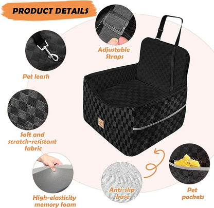 Dog Car Seat for Small and Medium Dogs Up to 35 lbs –Memory Foam Dog Booster Seat with Safety Leash & Storage Pockets, Fits Front & Back Car Seats, Removable Washable Cover – Black
