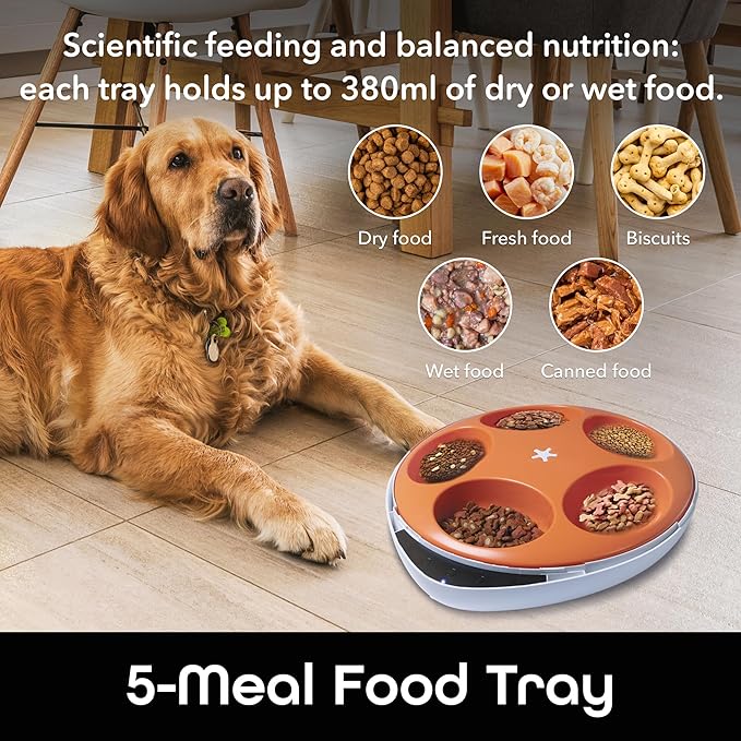 Geeni Smart Pet Feeder for Wet or Dry Food, 5-Meal Automatic Dog and Cat Feeder with Ice Packs, Programmable Timer, Battery Backup, Alexa and Google Home Compatible, White