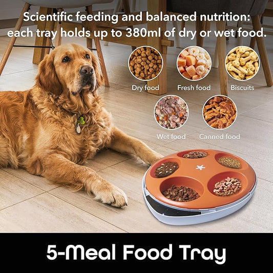 Geeni Smart Pet Feeder for Wet or Dry Food, 5-Meal Automatic Dog and Cat Feeder with Ice Packs, Programmable Timer, Battery Backup, Alexa and Google Home Compatible, White