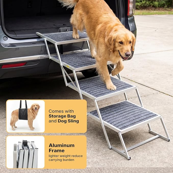 Veehoo Extra Wide Dog Steps for Car Truck SUV Foldable, 4 Steps Lightweight Aluminum Dog Stairs for Injured Senior Large Dogs 20" Wide, Folding Pet Ramp Ladder with Non Slip Surface, up to 170lbs