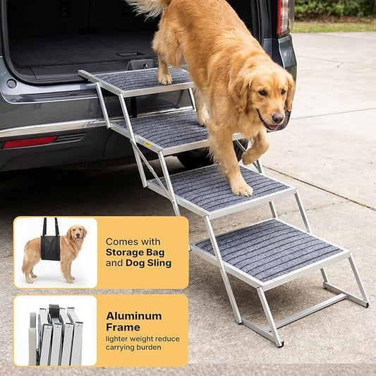 Veehoo Extra Wide Dog Steps for Car Truck SUV Foldable, 4 Steps Lightweight Aluminum Dog Stairs for Injured Senior Large Dogs 20" Wide, Folding Pet Ramp Ladder with Non Slip Surface, up to 170lbs