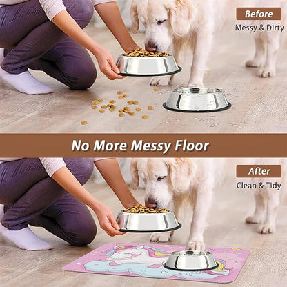 Cute Unicorn Dog Food Mat for Floors,Cloudy Pink Stars Absorbent Pet Food and Water Bowl Mats,Non-Slip Pet Feeding Mat,Pet Supplies 16" x 24"