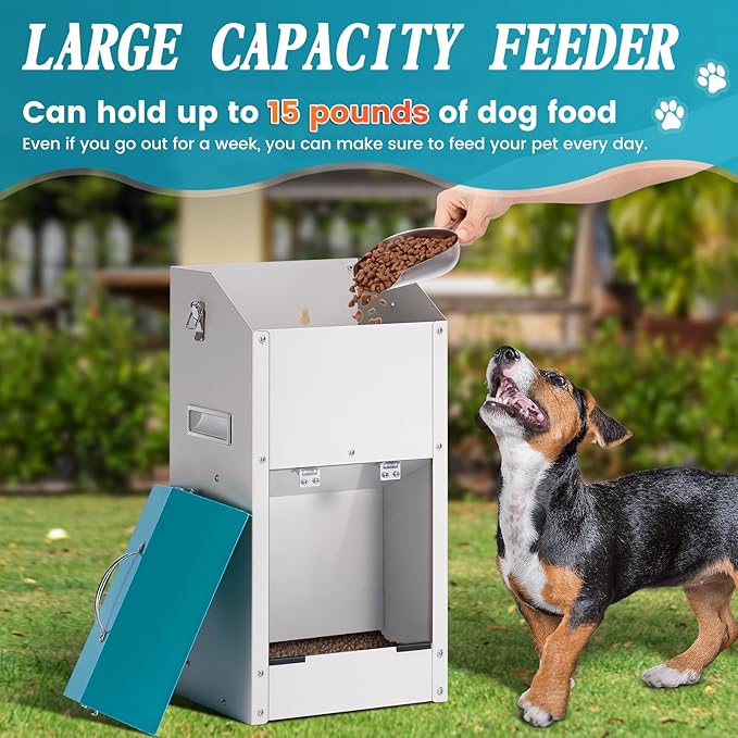 Galvanized Gravity Automatic Dog Feeder with A Stainless Steel Feed Shovel,15 Lbs Indoor and Outdoor Pet Feeder for Small and Medium Sized Dogs (15 lbs)