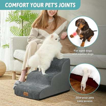 Wide Dog Stairs for Small Dog 15.7" H, Pet Step for Puppy, Older Cat, Curved Ramp for Couch, Durable Anti-Slip Ladder with High Density Foam, 3 Step, 17.7x22.4x15.7 inch, Charcoal Grey