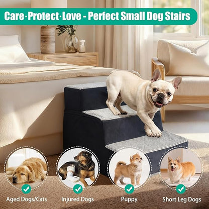 Dog Stairs for Small Dogs 13.6" H, Non-Slip Pet Stairs Ramp for Small Medium Dogs and Cats, Doggy Steps for Bed, Couch or Chair, High Density Foam Indoor (Grey, 15"x18"x13.6, 3)