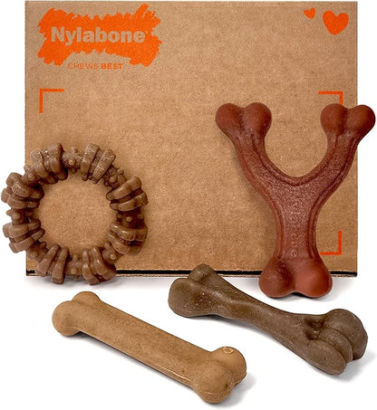 Nylabone Strong Chew Dog Toy 4-Pack Made with Real Bacon, Bison, Venison, Beef, & Chicken, Durable Chew Toys for Aggressive Chewers, Long Lasting Dog Bone, Small Breeds - Up to 25 lbs, 4 Count
