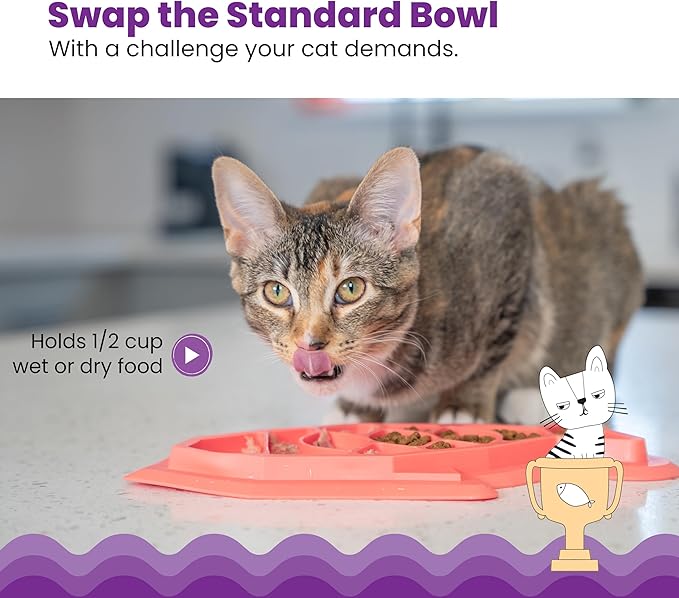 Catstages Fishie Fun Feed Mat – Non-Slip Slow Feeder Mat for Cats with Catnip, Crinkle Sounds & Engaging Play, ½ Cup Food Capacity, Pink