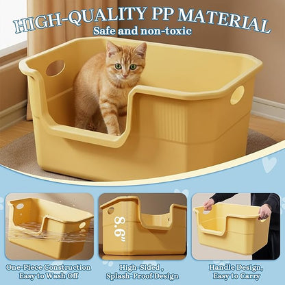 Low Entry Litter Box for Kittens & Senior Cat, High Sided Kitty Litter Boxes with Handle, Anti-Splash Plastic Large Litter Tray Pan for Big Cats, Easy to Clean, 19.6" L*13.7" W*8.6" H (Green)