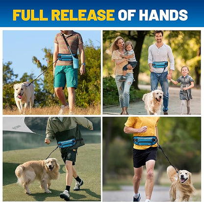 Hands Free Dog Leash with Pouch,Adjustable Waist Running Leash with Water Bottle Holder,Dual Padded Handles and Retractable Bungee for Walking Jogging Training Hiking (Blue)