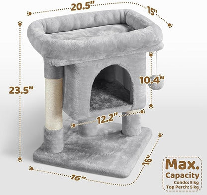 Yaheetech 23.5in Cat Tree Tower, Cat Condo with Sisal-Covered Scratching Posts, Cat House Activity Center Furniture for Kittens, Cats and Pets - Light Gray